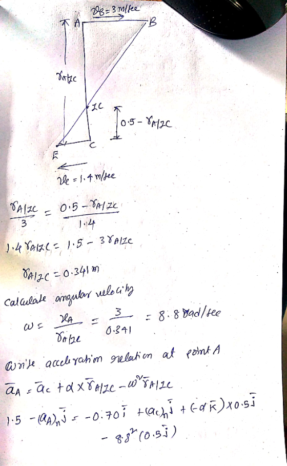 VB = 3 milfee A | 10.5-8M2C Ve=1.4 m/fee SAIZE = 0.5-VAIZC 3. 1.4 1.4FAIZE= 1.5 - 38AIZE 8A17C = 0.3417 Calculate angular vel