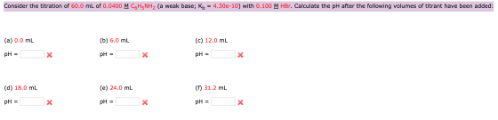 Consider the titration of 60.0 mL of 0.0400 M C H5NH2 (a weak base; Kb = 4.30e-10) with 0.100 M HBr. Calculate the pH after t