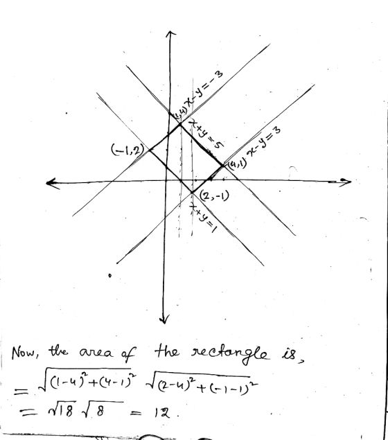 194)X_y=-3 X+YES 2-=3 (-1,2) +91 Now, the area of the rectangle is, . - (1-45+(4-15 (2-4²+(-1-12 = N18 V8 - 12 .