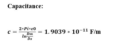 Capacitance: 2* Pire c= _1 9039 * 10-11 F/m Ds