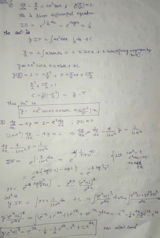 y Jo IF е * h - TT = 2x losx ; 1) = 1 This is linear differential equation. the de e loge the set is y. IF = facosx I de C. =