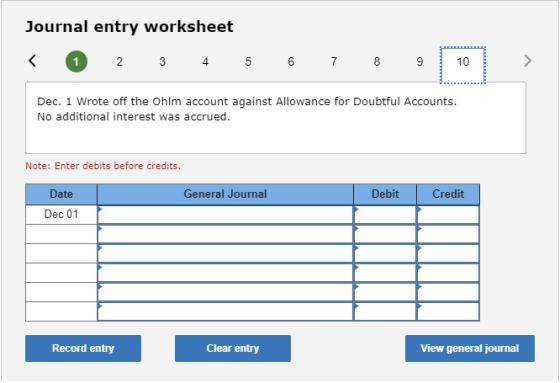 Journal entry worksheet < 1 2 3 4 5 6 7 8 9 10 Dec. 1 Wrote off the Ohlm account against Allowance for Doubtful Accounts. No