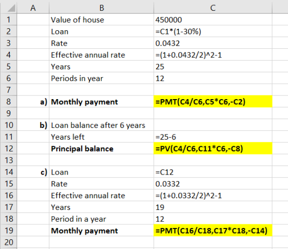 ДА B Value of house Loan Rate Effective annual rate Years Periods in year 450000 =C1*(1-30%) 0.0432 =(1+0.0432/2)^2-1 25 12 a