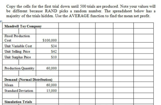 Copy the cells for the first trial down until 500 trials are produced. Note your values will be different because RAND picks