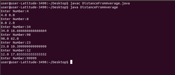 user@user-Latitude - 3490:-/Desktop$ javac DistanceFromAverage.java user@user-Latitude-3490:-/Desktop$ java DistanceFromAvera