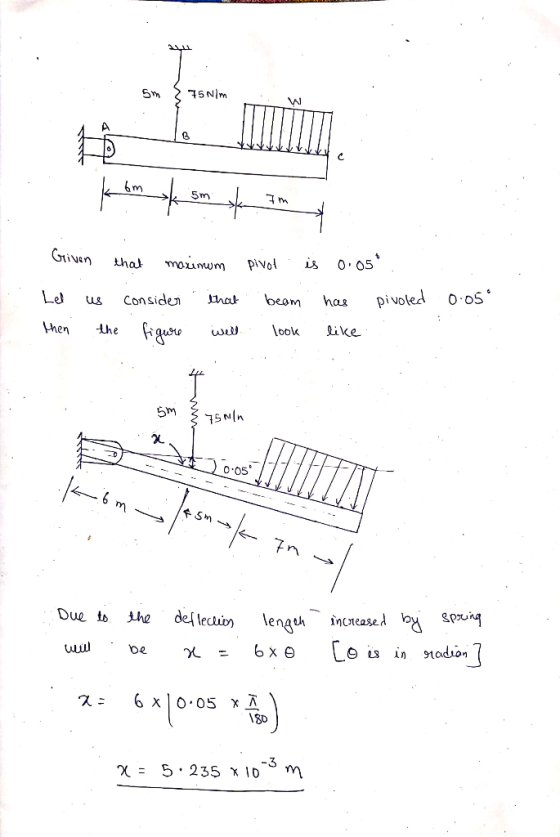 m 175 Nim Kubomok som kan 7m Given that maximum pivol is 0.05°. Let us consider that beam has pivoled then the figure well lo