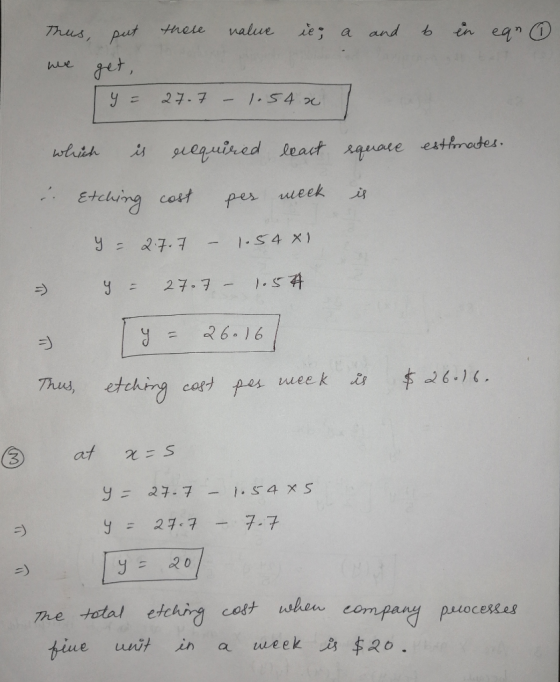 and b in ean ④ Thus, put these value il; a we get Iy= 27.7 - 1.54 x which is exequired least squase estimates. Etching cost p