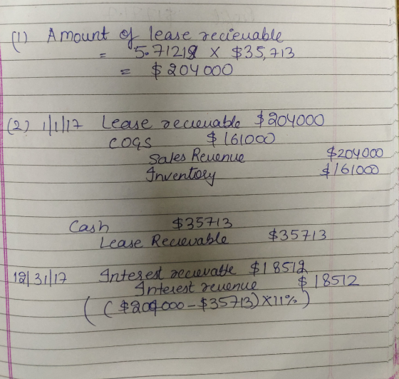 (1) (1) Amour TF71219 x $35,713 Amount of lease recieuable = $ 204000 17 Lease recienable $204000 COGS $ 161000 Sales Revenue