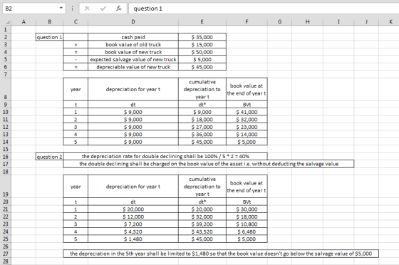 foc question 1 X BC E F G H I J K question 1 cash paid book value of old truck book value of new truck expected salvage value
