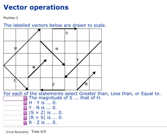 Vector operations Puntos:1 The labelled vectors below are drawn to scale For each of the statements select Greater than, Less than, or Equal to The magnitude of S... that of H H.Y is... 0 Is x ZI is 0. Y N is 0. IR × SI is 0. Enviar Respuesta Tries 0/5