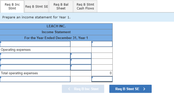Reg B Inc Stmt Req B Stmt SE Req B Bal Sheet Req B Stmt Cash Flows Prepare an income statement for Year 1. LEACH INC. Income