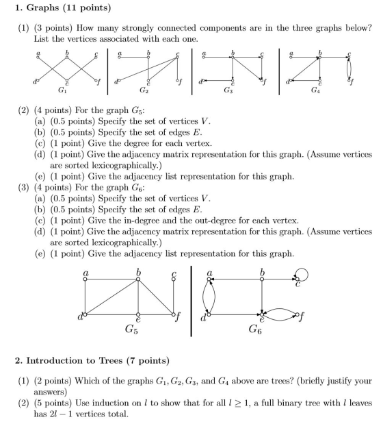 1. Graphs (11 points) (1) (3 points) How many strongly connected components are in the three graphs below? List the vertices