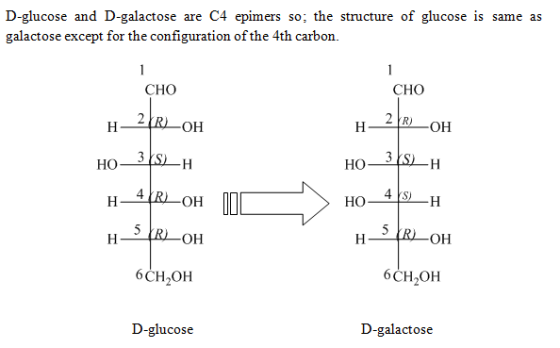 D-glucose and D-galactose are C4 epimers so; the structure of glucose is same as galactose except for the configuration of th