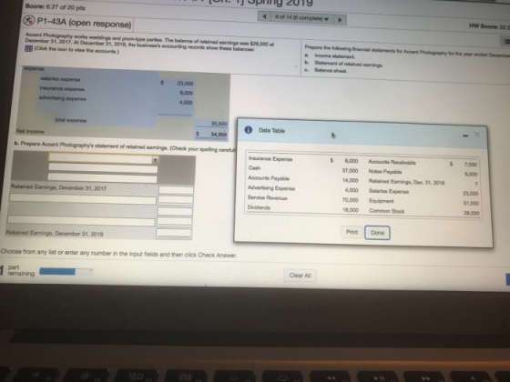 Score: 6.27 of 20 pts 6 of 14 (6 completel HW Soore 22.5 P1-43A (open response) Accend Pholography works weddings and prom-type partions. The balance of retained eamings was $28,000 a December 31, 2017. At December 31, 2018, the businesss oounting reoords show heso balances: IEE (Click the icon to view the accounts) Propare the following financial statements for Accent Pholography for the yeer anded Decambe b. Stalement of retained eamings. Balanon sheel. salaries expense insurance exponse advertising expense $ 23,000 8,000 4,500 total expense Data Table 34,500 b. Prepare Accent Photographys statement of retained eamings. (Check your spelling carelul Insuranco Expense $ 8,000 Accounts Rocelvable $ 7,000 37,000 Notes Payablie 14,000 Retained Earnings, Dec. 31, 2018 Cash 9,000 Accounts Payable Advertising Expense Service Revenue Dividends ,500 Salaries Expense 70,000 Equipment 18,000 Common Stock 23,000 51,500 28,000 Print Done Retained Earnings, December 31, 2018 Choose from any list or enter any number in the input fields and then click Check Answer Clear All