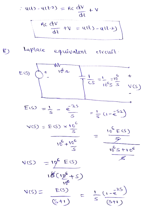 +V uct) - 417-2) = Rc du dt RC du +V uit)-417-23 dt 10 Laplace equivalent circuit 186 ES) + 10oss Ves) Es) 25 = 1/3 co-es2) V