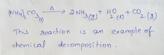 wte), cos, >2NH3(g) + .0 24+ CO2 (3) This reaction is an example of chemical decomposition.