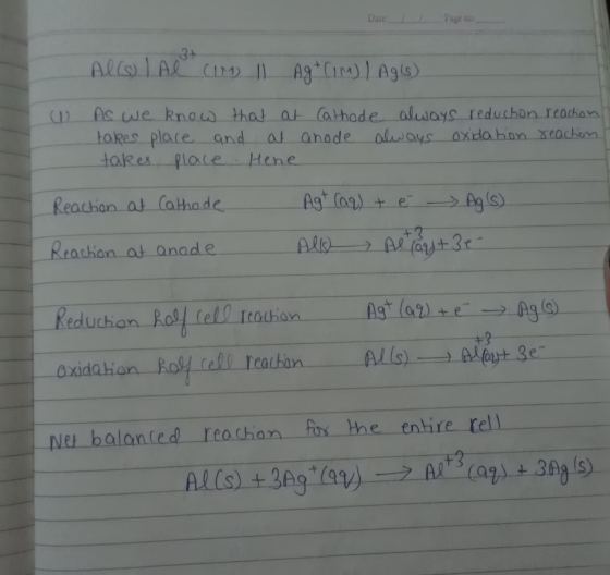 Date: Page no Alls l Al cim 11 Ag * CIM) / Agls) W As we know that at Cathode always reduchon reaction takes place and at ano