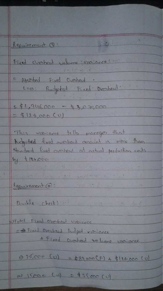 Requirement : Fixed Overhead volume variance: = Absorbed Legs: Fixed Overhead .. Budgested Fixed Overhead = $2,946,000 - $3,0