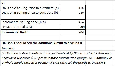 2) Division A Selling Price to outsiders (a) | 176 utsiders (b) 630 Incremental selling price (b-a) Less: Additional Cost Inc