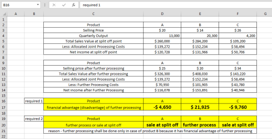 X B16 required 1 A В C D E F 1 Product 2 A C Selling Price Quarterly Output Total Sales Value at split off point $20 $14 $26