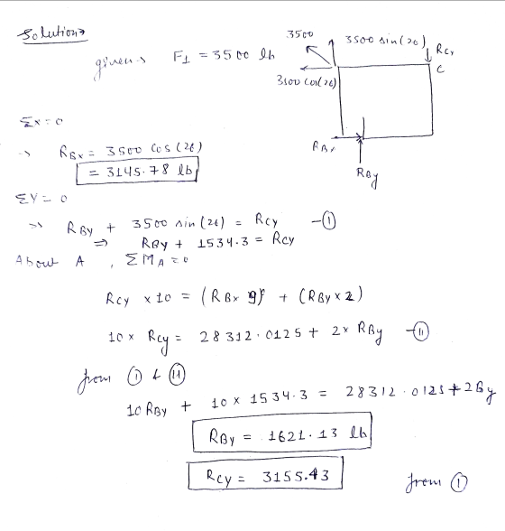 solutions 3500 3500 sin(at) F1 - 3500 lb 1 Rcy givens с 300 coll 26) RBA Rox3500 Cos (26) - 3145:78 lb Ray EY=0 Rcy - R BY ~