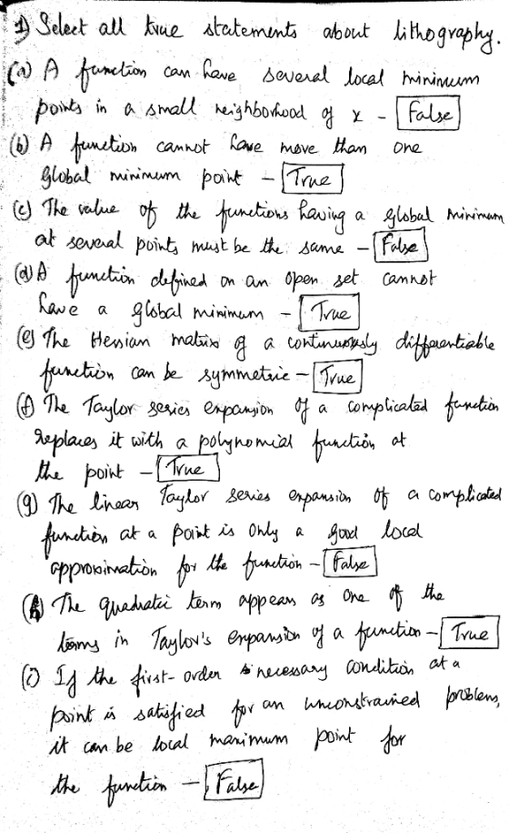 Select all traie statements about lithography, ( A function can have several local mininum I points in a small heighborhood o