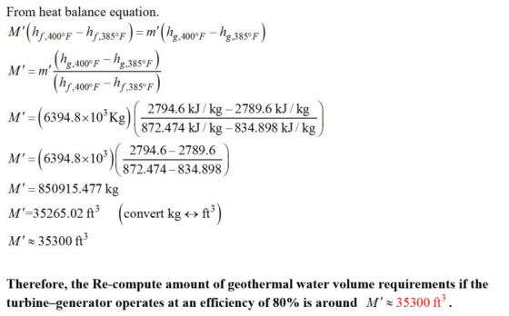 From heat balance equation M(h, 00F =m(h,400F385 (h g,385 F Mm400Fhe 385 f,400F hf385 F g,385°F 2794.6 kJ/kg 2789.6 kJ/kg