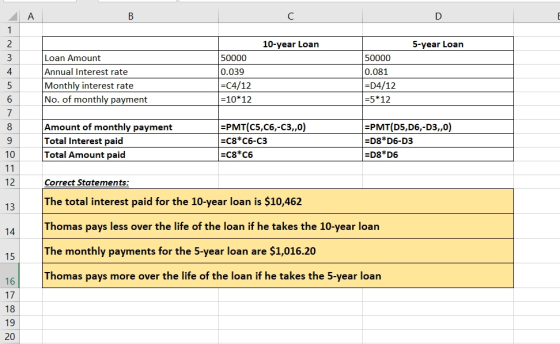 10-year Loan 5-year Loan Loan Amount Annual Interest rate Monthly interest rate No. of monthly payment 50000 0.039 =C4/12 =10