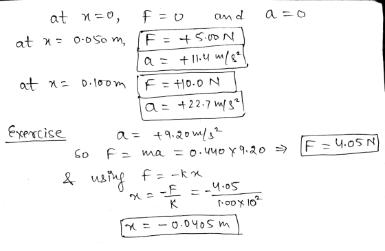 ... at n=0, F = 0 and a=o at u= 0.050 m, F +5.00 N la= +11.4 m/821 at no 0.100m F - HO.ONI la = +22.7 m/s? Exercise a= +9.20m