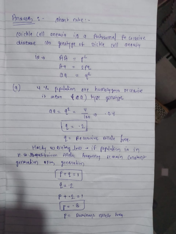 Anowe :- Bhent note :- Nickle cell anemia is a divene so genotype of Ackroomal sickle cell fe conserive anenia (a) IN AA = pl