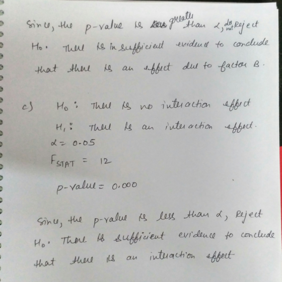 since, the p-value is less greathan I do reject Ho. There is in sufficient evidence to conclude that there is an effect due t