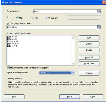 Solver Parameters Х Th Set objective: $G$7 To: Max OMO O Value of: 0 By Changing Variable Colls: $8$5:$B$6 Add Subject to the