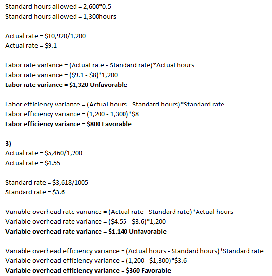 Standard hours allowed = 2,600*0.5 Standard hours allowed = 1,300 hours Actual rate = $10,920/1,200 Actual rate = $9.1 Labor