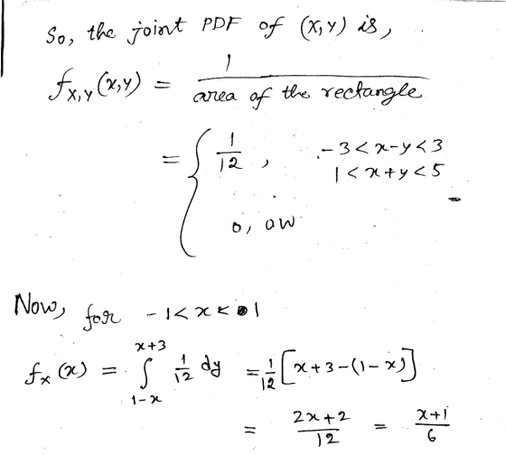So, the joint PDF of (x,y) is,.. fx, y (x,y) = area of the rectangle . -3< 2-y<3 1<x+y<5 1. o, ow Now, for -Kxkol fx @ = I do