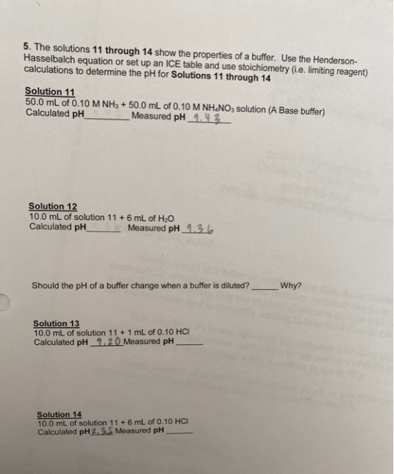 5. The solutions 11 through 14 show the properties of a buffer. Use the Henderson- Hasselbalch equation or set up an ICE tabl
