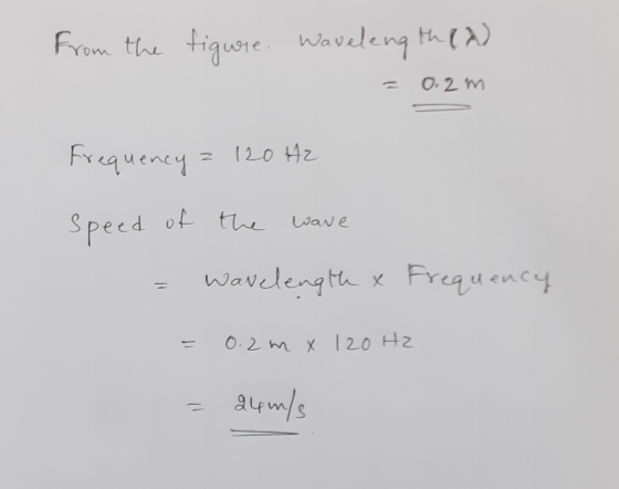 From the figure. Wavelength (2) = 0. 2m Frequency z 120 Hz speed of the wave - wavelength & Frequency = 0. 2m x 120 Hz = a4m/