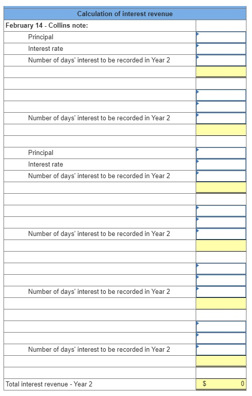 Calculation of interest revenue February 14 - Collins note: Principal Interest rate Number of days interest to be recorded in