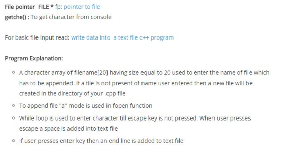 File pointer FILE* fp: pointer to file getche0: To get character from console For basic file input read: write data into a te