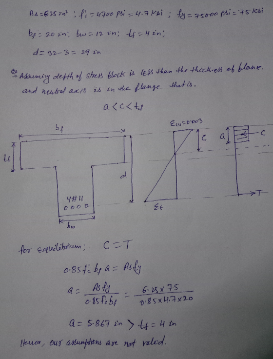 = 750.00 psi = 75 kesi A = 6.25 on? : fc-4700 psi - 4.7ksi; fy=7 be-20 in, bw = 12 in; tf = 4in, d-32-3= 29 in Assuming depth