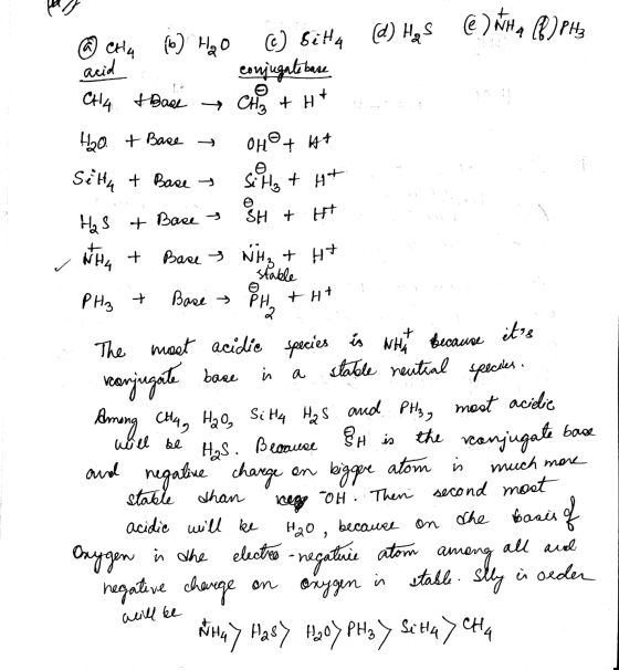 (e) Wita (8)PH3 (ề ch4 (6) H₂O OHO + H+ (c) Sitta (d) Has acid conjugate base CHA & Base CHz + H+ H2O + Base Sitta + Base Si