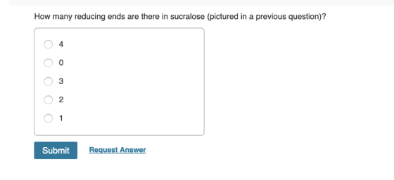 How many reducing ends are there in sucralose (pictured in a previous question)? 4 0 3 2 Submit Request Answer