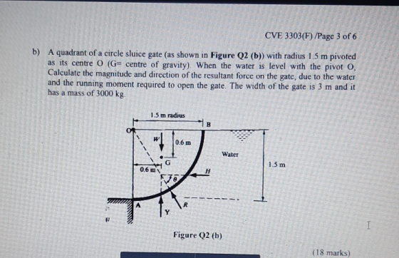 CVE 3303F) /Page 3 of 6 b) A quadrant of a circle sluice gate (as shown in Figure Q2 (b) with radius 1.5 m pivoted as its cen