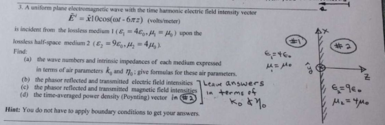 3. A uniform plane electromagnetic wave with the time harmonic electric field intensity vector E =ǐ10cos(cr-6m) (volts/meter