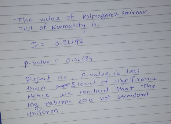 The vwue of Kolmogforov- Smirnor Test of Normelrty D = 0.31192 Hence we concluee thct Th loa retins cre not stamdaye unifor