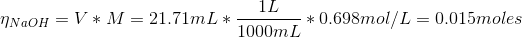 1L y * M = 21.7 * 0.698mol/L = 0.015moles 1mL * rNao 11 = 1000mL