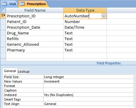 Prescription Visit Field Name Data Type AutoNumber Prescription_ID Patient_ID Number Date/Time Prescription_Date Drug_Name Тe