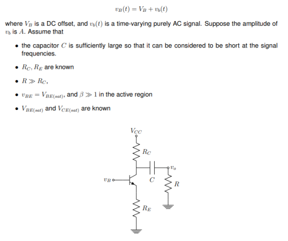 where Ve is a DC offset, and vb(t) is a time-varying purely AC signal. Suppose the amplitude of vb is A. Assume that the capa