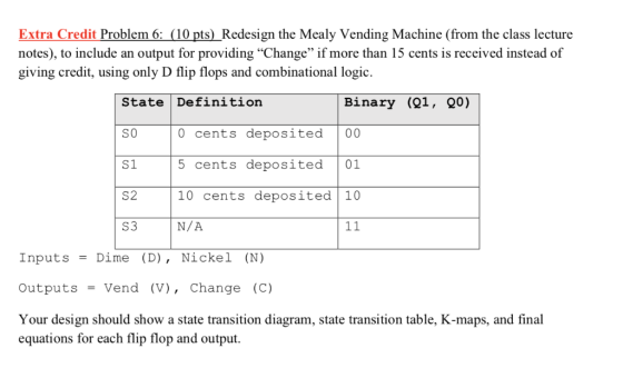 Extra Credit Problem 6: 10 pts)_Redesign the Mealy Vending Machine (from the class lecture notes), to include an output for p
