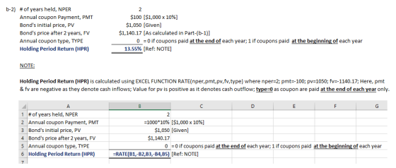 b-2) #of years held, NPER 2 $100 [$1,000 x 10%] Annual coupon Payment, PMT Bonds initial price, PV $1,050 [Given] Bonds pri