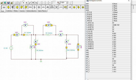 Voltages/Currents Q100% .84mA T AM1 2.08mA AM2 C 276mA AM3 AM4 LE11,0). |R1(4,5 R212,0] _R3{5,7] |R4[3,0] V_AM114 V AM215,2 V